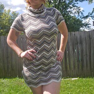 y2k Mobwife Office Siren Italian Virgin Wool Chevron Knit Turtleneck Mini Dress